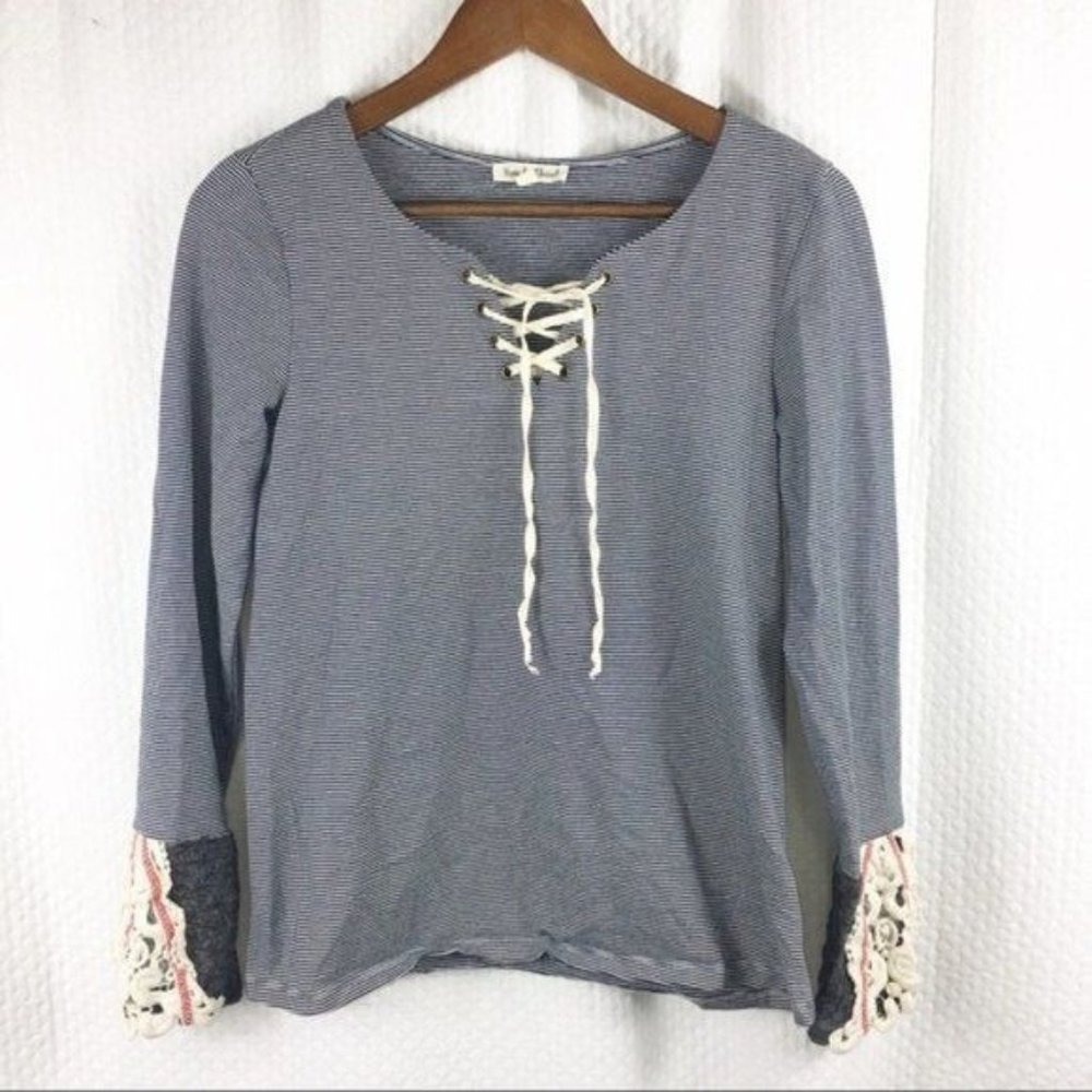 Hem & Thread Pullover Shoelace Tie Pullover Top Black & White Stripe Size Small